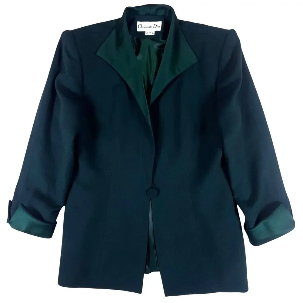 Vintage Christian Dior Skirt Suit Wool Green Blazer Skirt 2 Piece 80s 90s USA